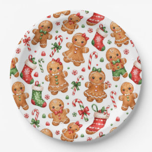 Christmas Gingerbread Boy and Girl with Stockings Paper Plates