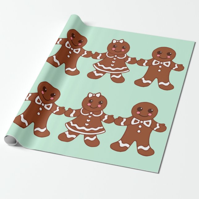 Christmas Gingerbread Boys Girls Wrapping Paper (Unrolled)