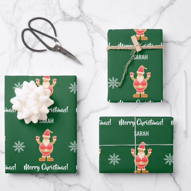 Christmas Gingerbread Brown Santa Personalize Name Wrapping Paper Sheets (Front)