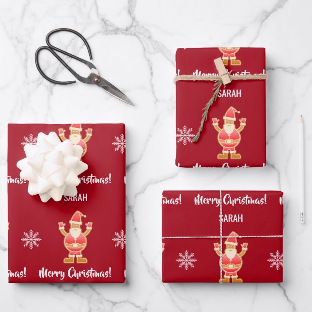Christmas Gingerbread Brown Santa Personalize Name Wrapping Paper Sheets (Front)