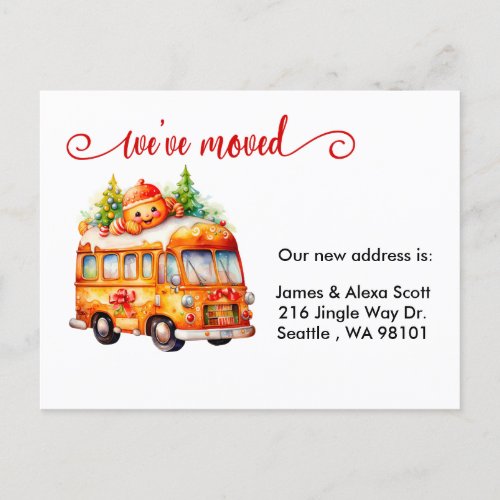 Christmas Gingerbread Bus Weve Moved Holiday Postcard