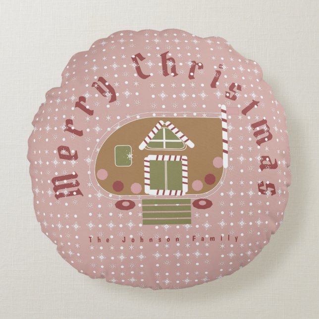 Christmas Gingerbread Camper Holiday Round Pillow (Front)