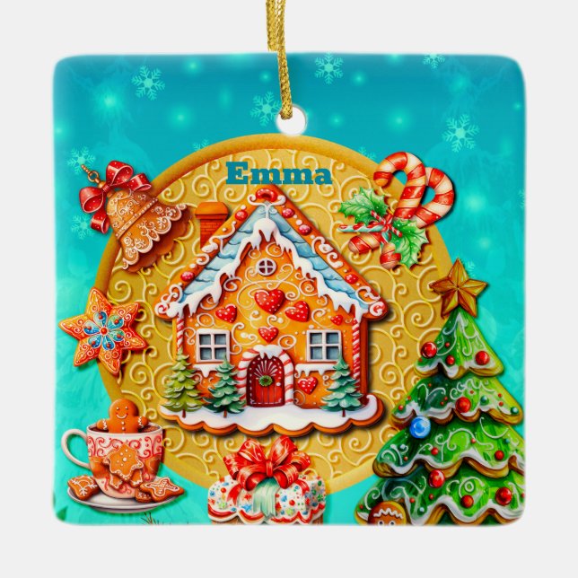 Christmas Gingerbread Candy House, and New Year Ceramic Ornament (Front)