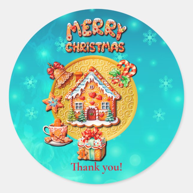 Christmas Gingerbread Candy House, and New Year Classic Round Sticker (Front)