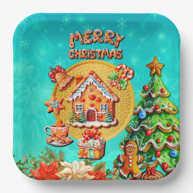 Christmas Gingerbread Candy House, and New Year Paper Plates (Front)