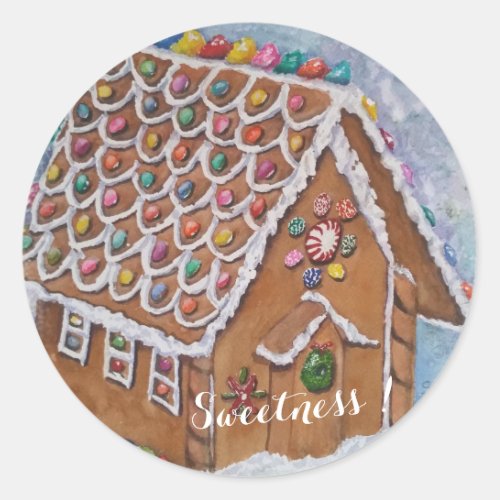 CHRISTMAS GINGERBREAD CANDY HOUSE SWEETNESS CLASSIC ROUND STICKER