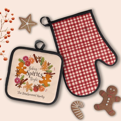 Christmas Gingerbread Citrus Spice Gingham Family Oven Mitt  Pot Holder Set