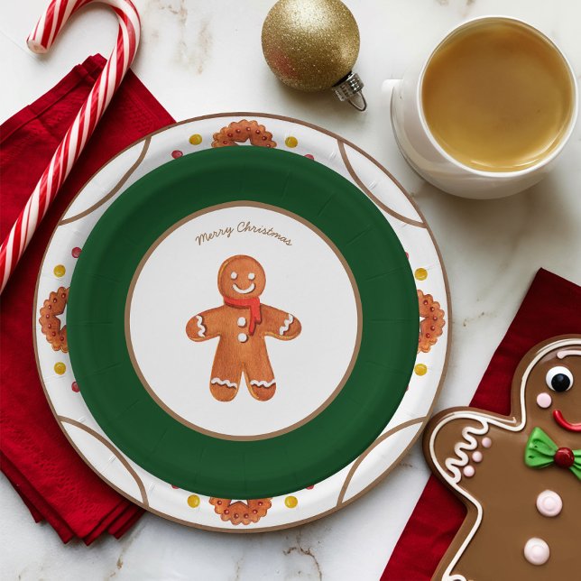 Christmas Gingerbread Cookie Customizable Paper Plates (Cute Christmas Gingerbread Man Paper Plate with Green Border)