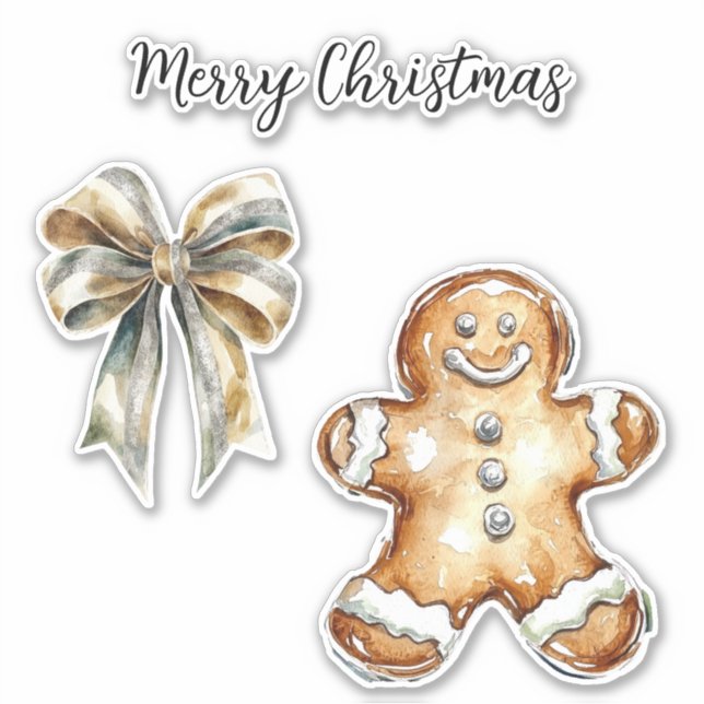 Christmas Gingerbread Cookie Green Gold Bow Sticker (Front)