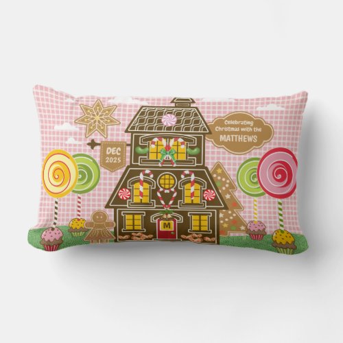 Christmas Gingerbread Cookie House Candy Lollipop Lumbar Pillow