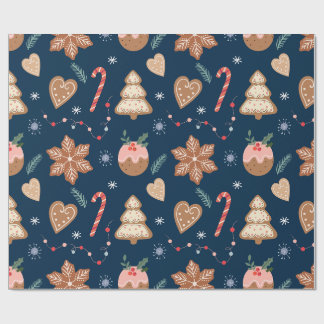 Christmas Gingerbread Cookie Navy Seamless pattern Wrapping Paper