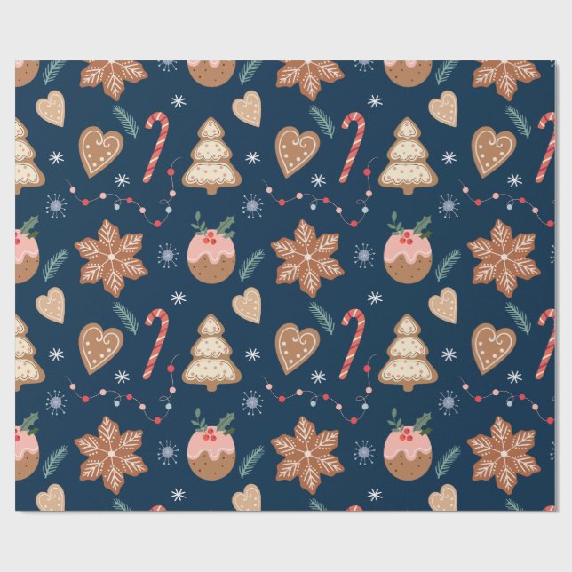 Christmas Gingerbread Cookie Navy Seamless pattern Wrapping Paper (Flat)