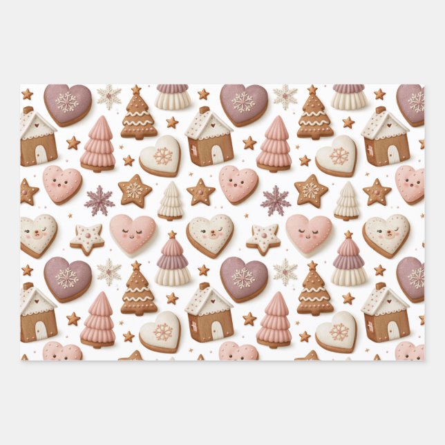 Christmas Gingerbread Cookie Pattern Wrapping Paper Sheets (Front)
