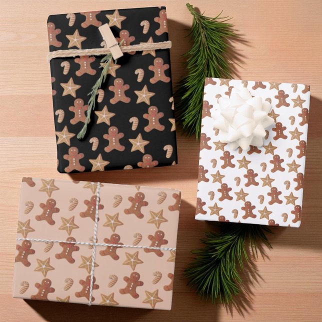 Christmas Gingerbread Cookie Pattern Wrapping Paper Sheets (Wrapped packages with each Christmas cookie pattern gift wrap sheet.)