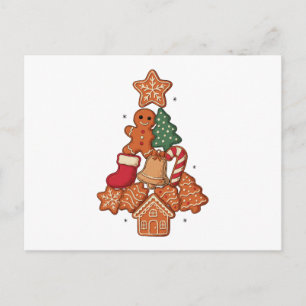 Christmas Gingerbread Cookie Tree Star Bell Xmas Holiday Postcard