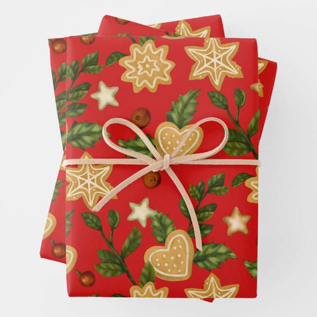 Christmas Gingerbread Cookies and Berries Red Wrapping Paper Sheets (In situ)