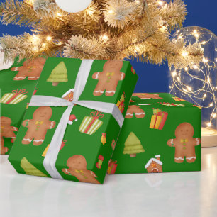 Christmas Gingerbread Cookies and Gifts Green Wrapping Paper