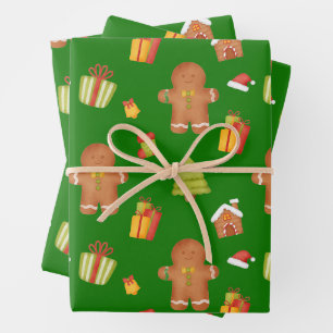 Christmas Gingerbread Cookies and Gifts Green Wrapping Paper Sheets