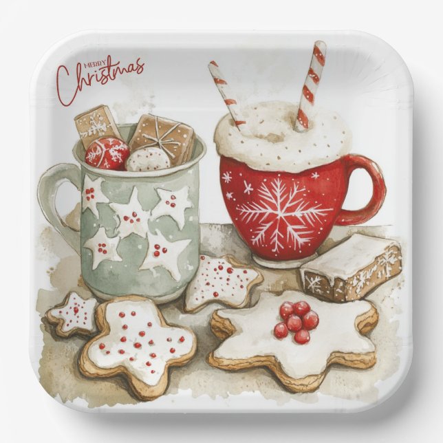 Christmas Gingerbread Cookies and Hot Chocolate  Paper Plates (Front)