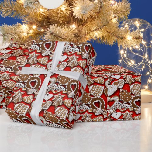 Christmas Gingerbread Cookies on Red Gift Wrap