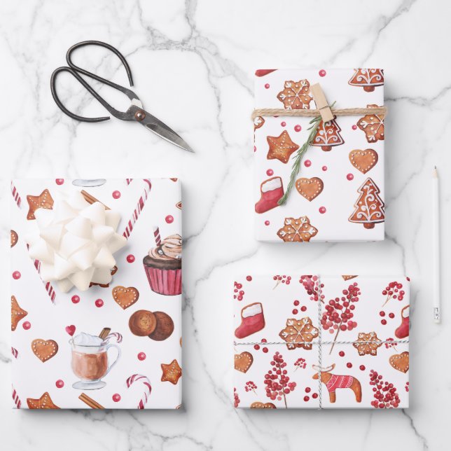 Christmas Gingerbread Cookies & Treats Wrapping Paper Sheets (Front)