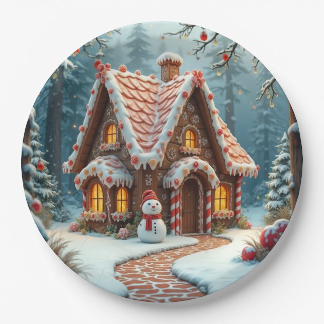 Christmas Gingerbread Cottage With a Snowman  Paper Plates (Front)