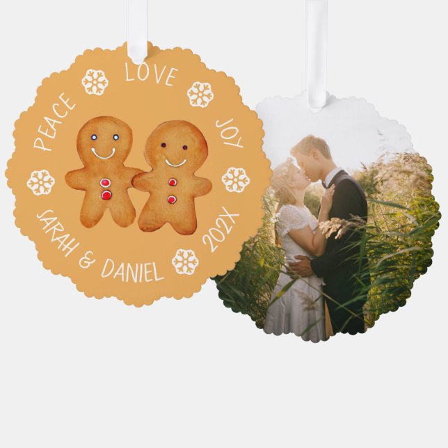 Christmas Gingerbread Couple Photo Snowflakes Cute Ornament Card (Front/Back)
