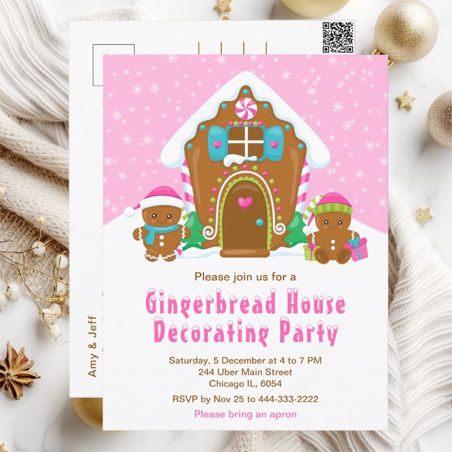 Christmas Gingerbread Decorating Party Bright Pink Postcard (Creator Uploaded)