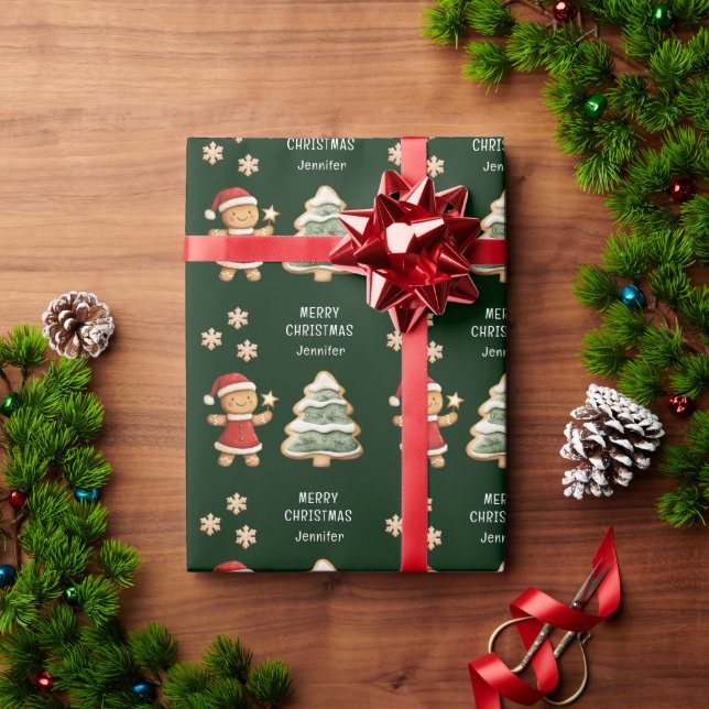 Christmas Gingerbread Girl Green Personalized Wrapping Paper (Holiday Gift)