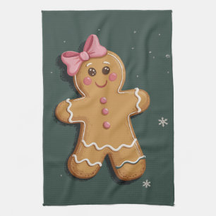 Christmas Gingerbread Girl Pink Bow Coquette Kitchen Towel