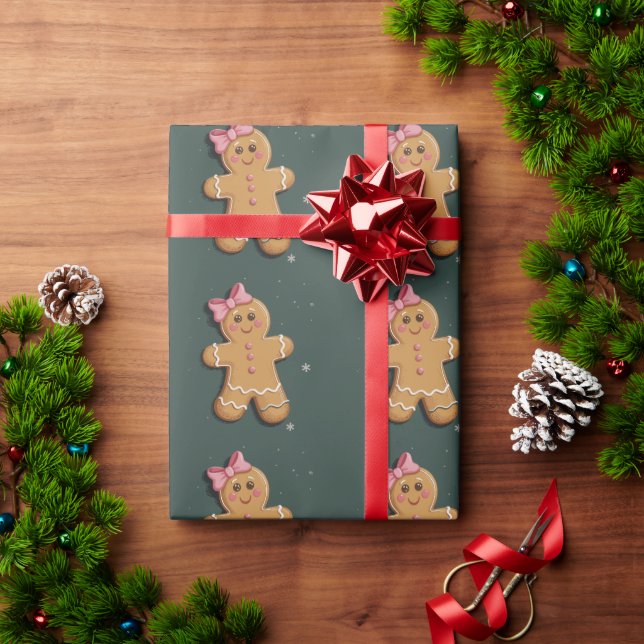 Christmas Gingerbread Girl Pink Bow Coquette  Wrapping Paper (Holiday Gift)