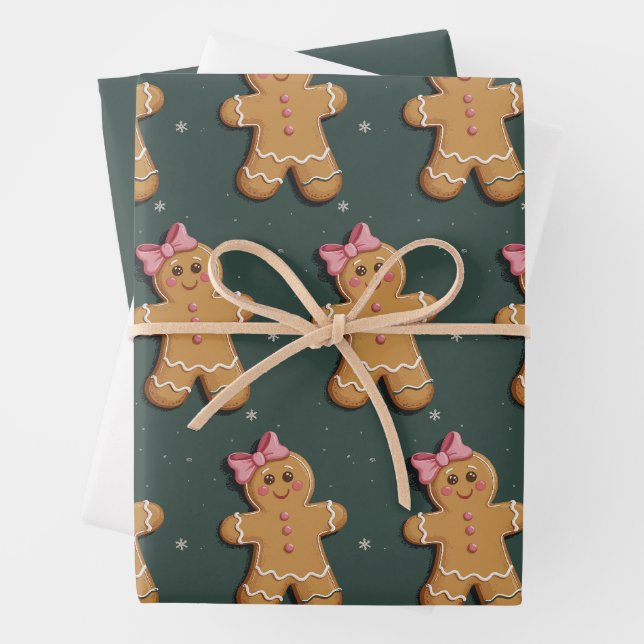 Christmas Gingerbread Girl Pink Bow Coquette  Wrapping Paper Sheets (In situ)