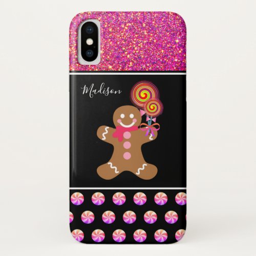 Christmas Gingerbread Girl Pink Glitter Monogram iPhone X Case
