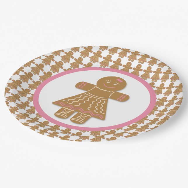 Christmas Gingerbread Girl White and Pink Paper Plates (Angled)