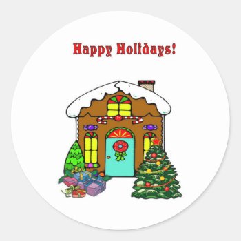 Christmas Gingerbread House And Happy Holidays Classic Round Sticker by bonfirechristmas at Zazzle