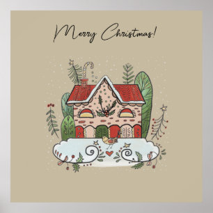 Christmas Gingerbread House Bird Winter Poster