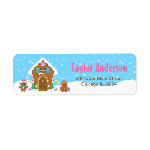 Christmas Gingerbread House Blue and Pink Label