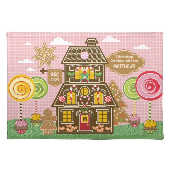 Christmas Gingerbread House Cookie Candy Lollipop Cloth Placemat (Front)