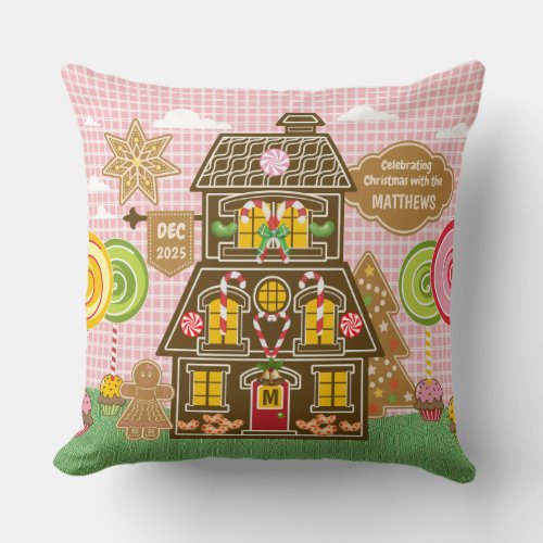 Christmas Gingerbread House Cookie Candy Lollipop Throw Pillow