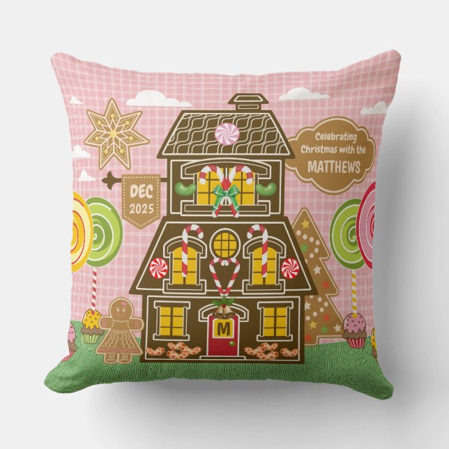 Christmas Gingerbread House Cookie Candy Lollipop Throw Pillow (Front)