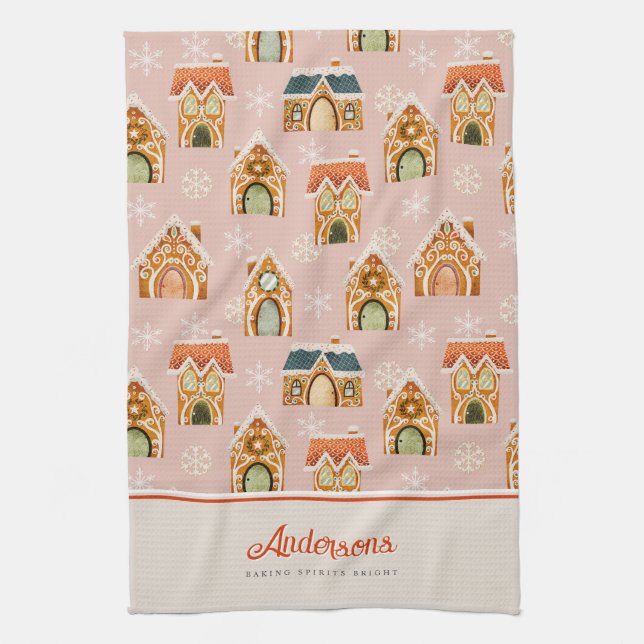 Christmas Gingerbread House Cookie Pink Kitchen Towel (Vertical)
