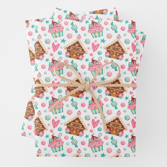 Christmas Gingerbread House, Cupcakes, Candy  Wrapping Paper Sheets (In situ)