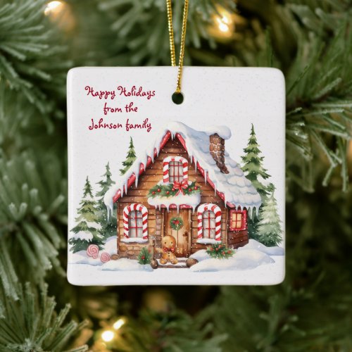 Christmas Gingerbread House In Snow Ceramic Ornament