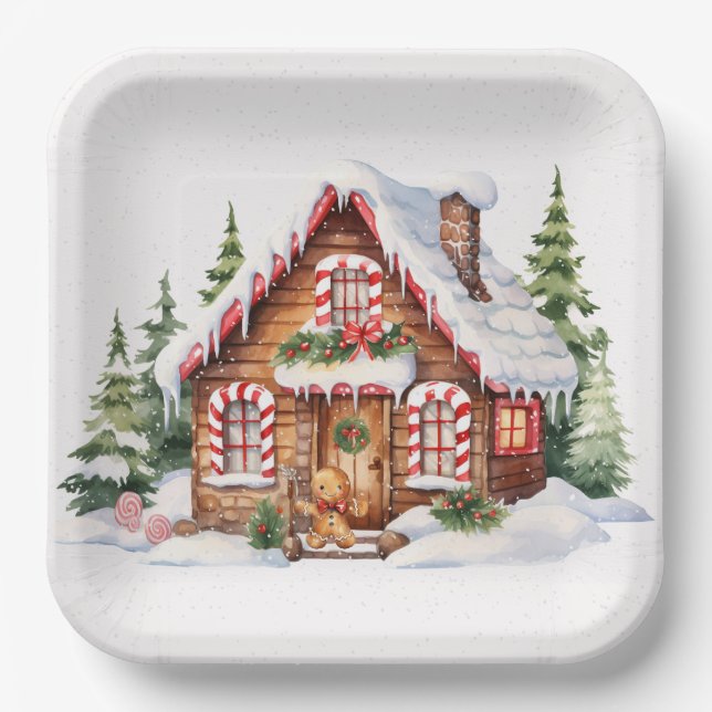 Christmas Gingerbread House In Snow Paper Plates (Front)