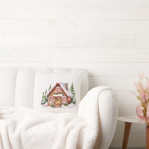 Christmas Gingerbread House In Snowflakes Throw Pillow