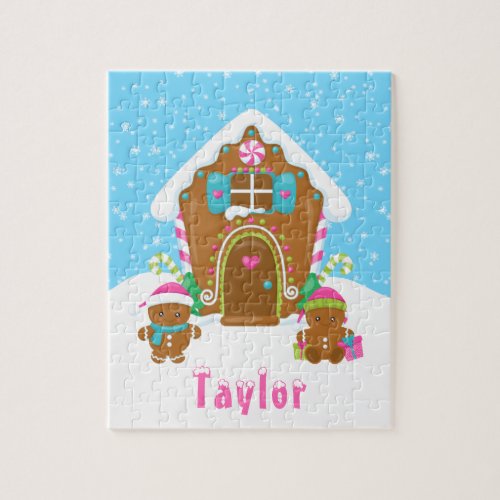 Christmas Gingerbread House Pink and Blue Jigsaw Puzzle