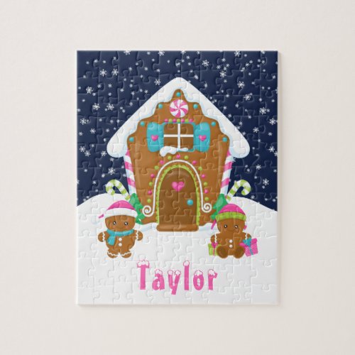 Christmas Gingerbread House Pink and Navy Blue Jigsaw Puzzle