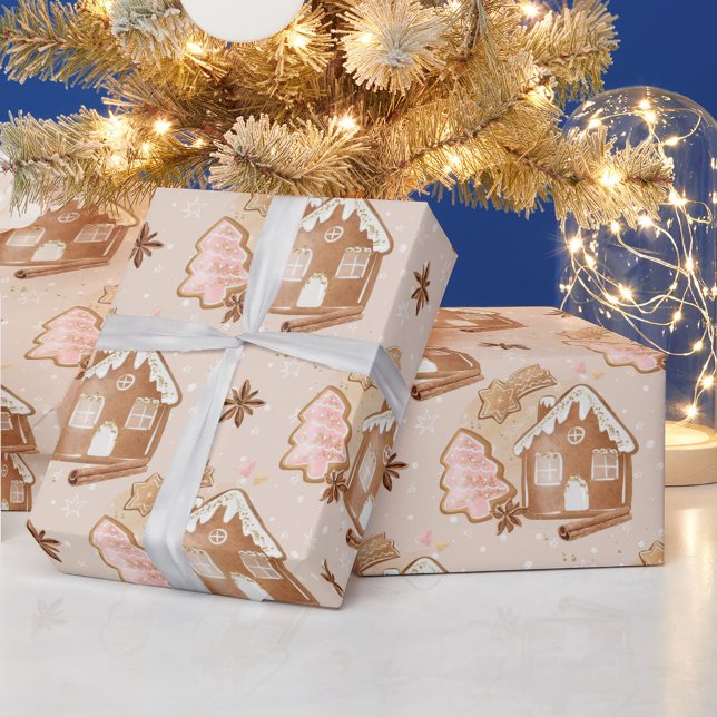 Christmas Gingerbread House Pink Cookies Brown  Wrapping Paper (Creator Uploaded)
