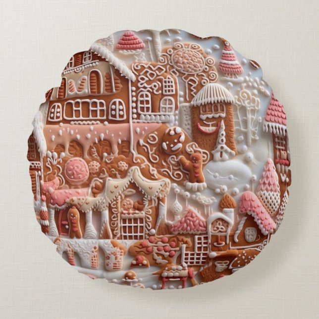 Christmas Gingerbread House Round Pillow (Front)