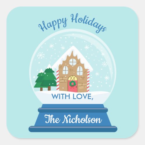 CHRISTMAS GINGERBREAD HOUSE SNOW GLOBE SQUARE STICKER